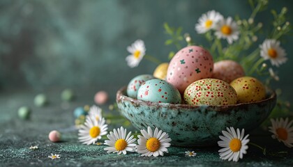 Obraz na płótnie Canvas Easter Eggstravaganza: A Bowl of Colorful Eggs and Daisies Generative AI