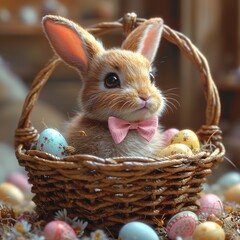 Bunny in a Basket with Easter Eggs Generative AI