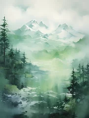 Crédence de cuisine en verre imprimé Forêt dans le brouillard Painting Of Mountain Side In Spring, A Mountain Range With Trees And Fog