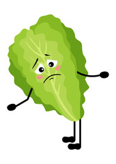 Funny green lettuce mascot feeling sad
