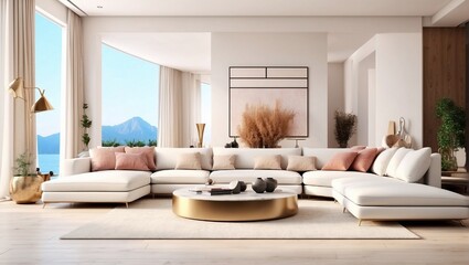 living room interior with mountains scene
