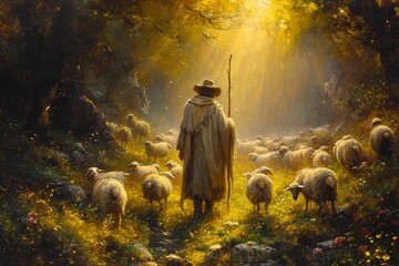 Shepherd's Delight: A Pastoral Painting of a Shepherd with a Flock of Sheep in a Sunlit Meadow Generative AI - obrazy, fototapety, plakaty