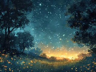 Fototapeta na wymiar Enchanted forest glade with fireflies and starry night sky. Fantasy landscape concept for poster and wallpaper design 