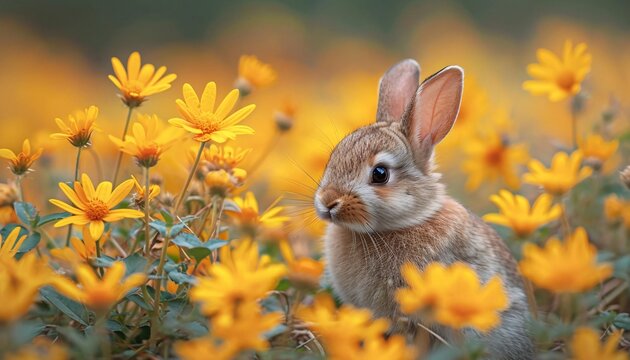 Bunny in a Field of Yellow Flowers Generative AI