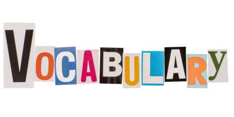 The word vocabulary made from cut out letters