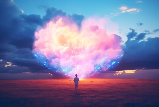 clouds of different colors shaped like a small heart on a field of fire