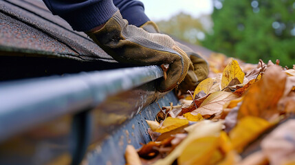  hand cleaning leaves in a rain gutter on roof - obrazy, fototapety, plakaty