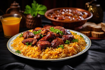 Fototapeta premium Chicken kabsa - homemade arabian rice, Saudi food. The national Saudi Arabian dish chicken kabsa with roasted chicken