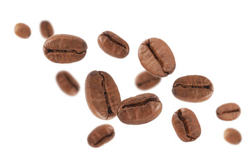 Coffee beans in the air close -up isolated on white background.