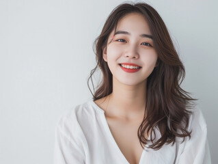 Fototapeta premium Radiant Smile: Young Woman in a White Blouse with a Clean Background 