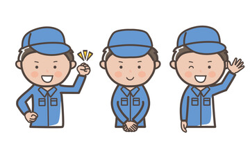 作業員、清掃員の上半身3ポーズセット_ガッツポーズ_挨拶_返事