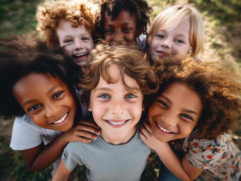 Portrait of cute multiracial kids playing outdoors in summer. The children are having fun on a summer day
