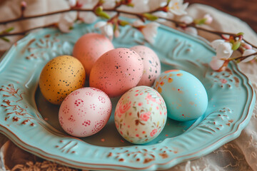 Fototapeta na wymiar Decorated pastel colored Easter eggs on vintage plate