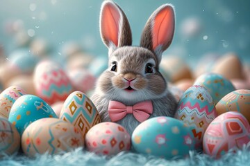 Fototapeta na wymiar Bunny-tastic Easter Eggs: A Cute and Colorful Easter Celebration Generative AI