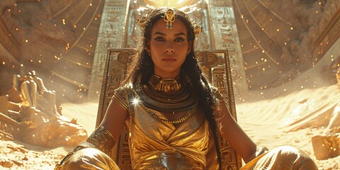Golden Goddess: Egyptian Queen in a Golden Throne Generative AI - obrazy, fototapety, plakaty