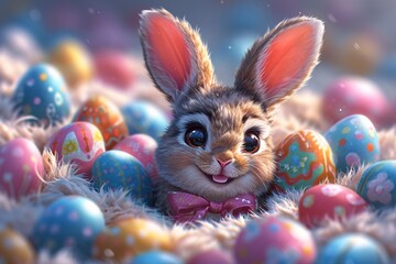 Fototapeta na wymiar Bunny in a Basket of Easter Eggs Generative AI