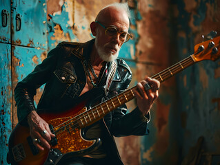 Obraz premium Rocker With Glasses Plays Bass Guitar, A Man Playing A Guitar