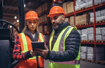 Fototapeta premium Young friendly man and woman in warehouse using app on tablet for work.