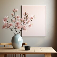 Vase with pink flowers near the wall, Frame for text, Pink background. AI created.
