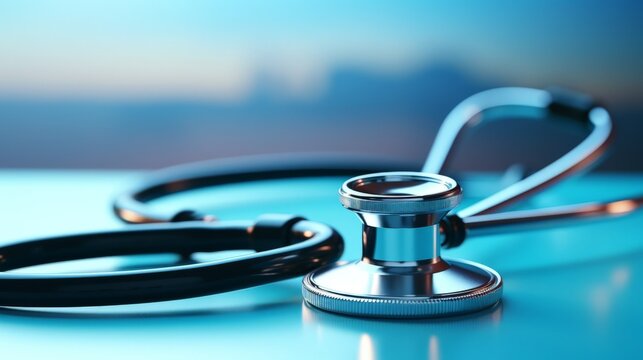 Medical concept image. Stethoscope on a blue background close-up. AI created.
