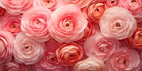 Naklejka premium peach fuzz rose Flowers background with ranunculus flower in trendy pink coral color, valentine day