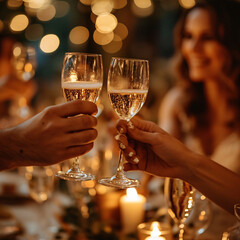 People toasting with champagne glasses at a festive gathering. Celebration and party concept with bokeh background
