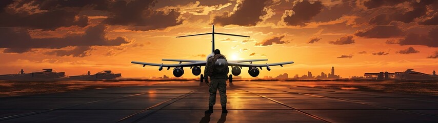 The silhouette of a military airplane on the runway, bathed in the warm hues of a sunset at the airport. - obrazy, fototapety, plakaty