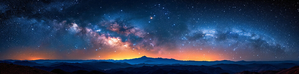 Stunning Milky Way galaxy panorama over a rugged mountain terrain. Night sky photography and cosmic discovery concept
