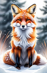 Fototapeta premium Close-up of a beautiful red fox against the backdrop of a snowy winter forest with a bushy tail. Wild forest animals. 