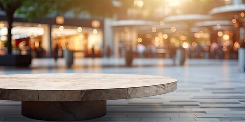 Stone table and blurred shopping plaza - ideal for showcasing or creating product montages.