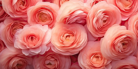 peach fuzz rose Flowers background with ranunculus flower in trendy pink coral color, valentine day
