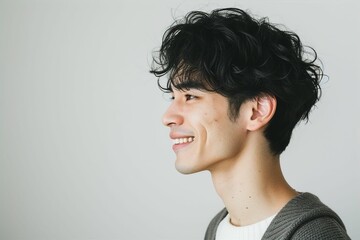 日本人の若い男性の横顔（若者・モデル・アジア人・白背景・背景なし）	
