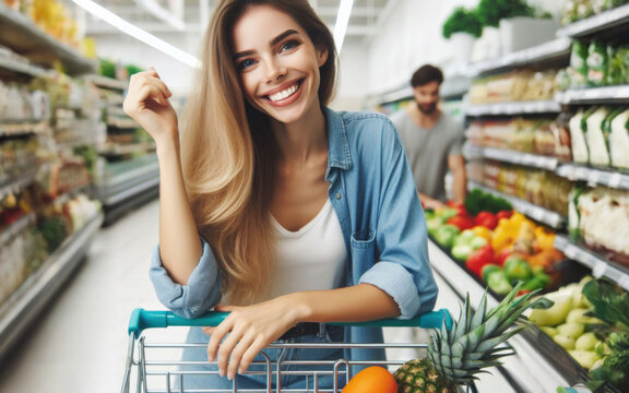 A young woman leaned on a grocery cart in a supermarket while doing shopping in supermarket