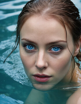 the face of woman with beautiful blue eyes, in water, in the style of dystopian realism, realistic perspective, xbox 360 graphics, surrealistic realism, emotive realism, soggy, eerily realistic