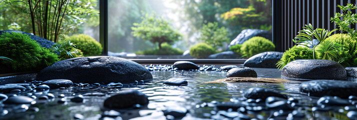 Elegant spa tranquility pool with natural stone elements and green plant decor. Zen relaxation and luxury wellness concept 