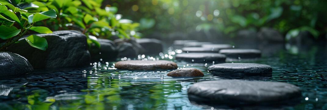 Tranquil spa setting with stone pathway and lush foliage. Serene wellness and relaxation environment concept
