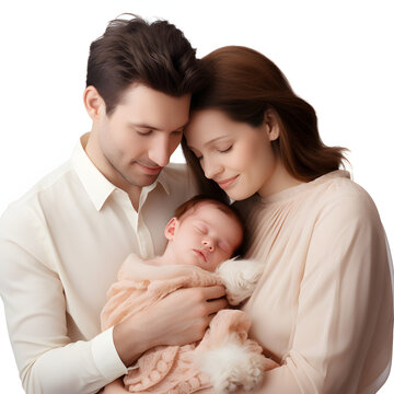 Young parents gently cradling their sleeping baby isolated on white background, text area, png
