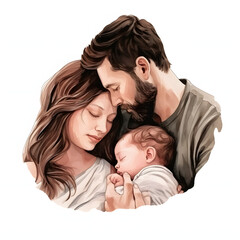 Young parents gently cradling their sleeping baby isolated on white background, hand drawn, png
