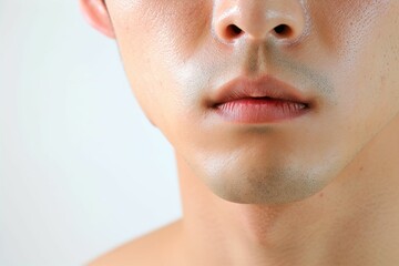 日本人男性の顎・口元のパーツのアップ写真（白背景・美肌・脱毛・ヒゲ脱毛）