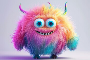 Fototapeta premium Cute multicolored furry monster 3D cartoon character.