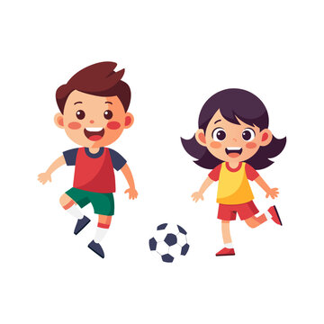 Children playing football happily on white background. Flat vector