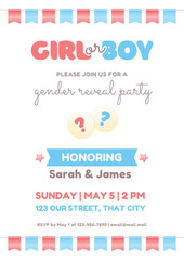 Gender reveal party invitation template. Cute vertical banner with boy or girl question and pink and blue bunting flags. Vector 10 EPS.