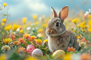 Fototapeta na wymiar Bunny in the Flowers: A Cute Easter Celebration Generative AI
