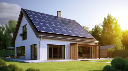  New suburban house with a photovoltaic system on the roof. Modern eco friendly passive house with landscaped yard. Solar panels on the roof, alternative electricity. - obrazy, fototapety, plakaty