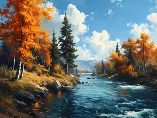 An Oil Painting Of A River And Birch Trees, A River With Trees And Mountains In The Background