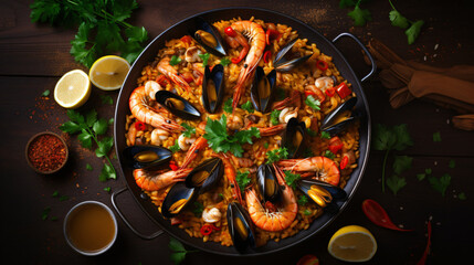 Seafood paella. Traditional Spanish dish top view