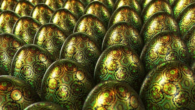 Realistic tracking DOF camera looping 3D animation of the fancy textured Easter eggs with beautiful Ethno ornament rendered in UHD