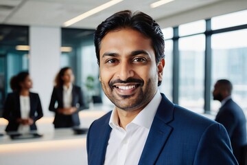 portrait of a handsome smiling asian indian businessman boss in a suit standing in his modern business company office. his workers standing in the blurry background - obrazy, fototapety, plakaty