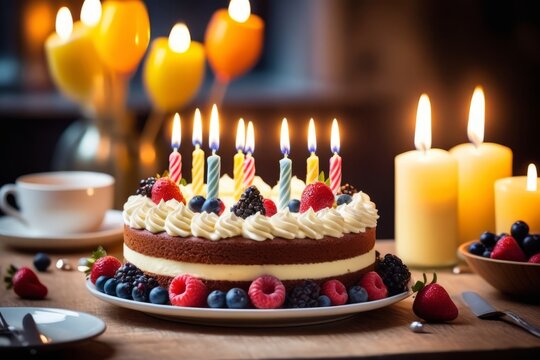 Closeup Of A Creamy Birthday Cake With Berries And Candles On The Family Kitchen Table. People Celebrating In The Evening In The Blurry Background. Wallpaper For Web Design Or Print