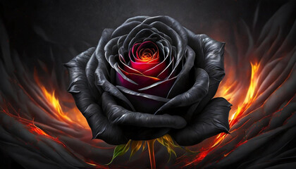 Abstrakcyjna czarna Róża w ogniu. Generative AI - obrazy, fototapety, plakaty